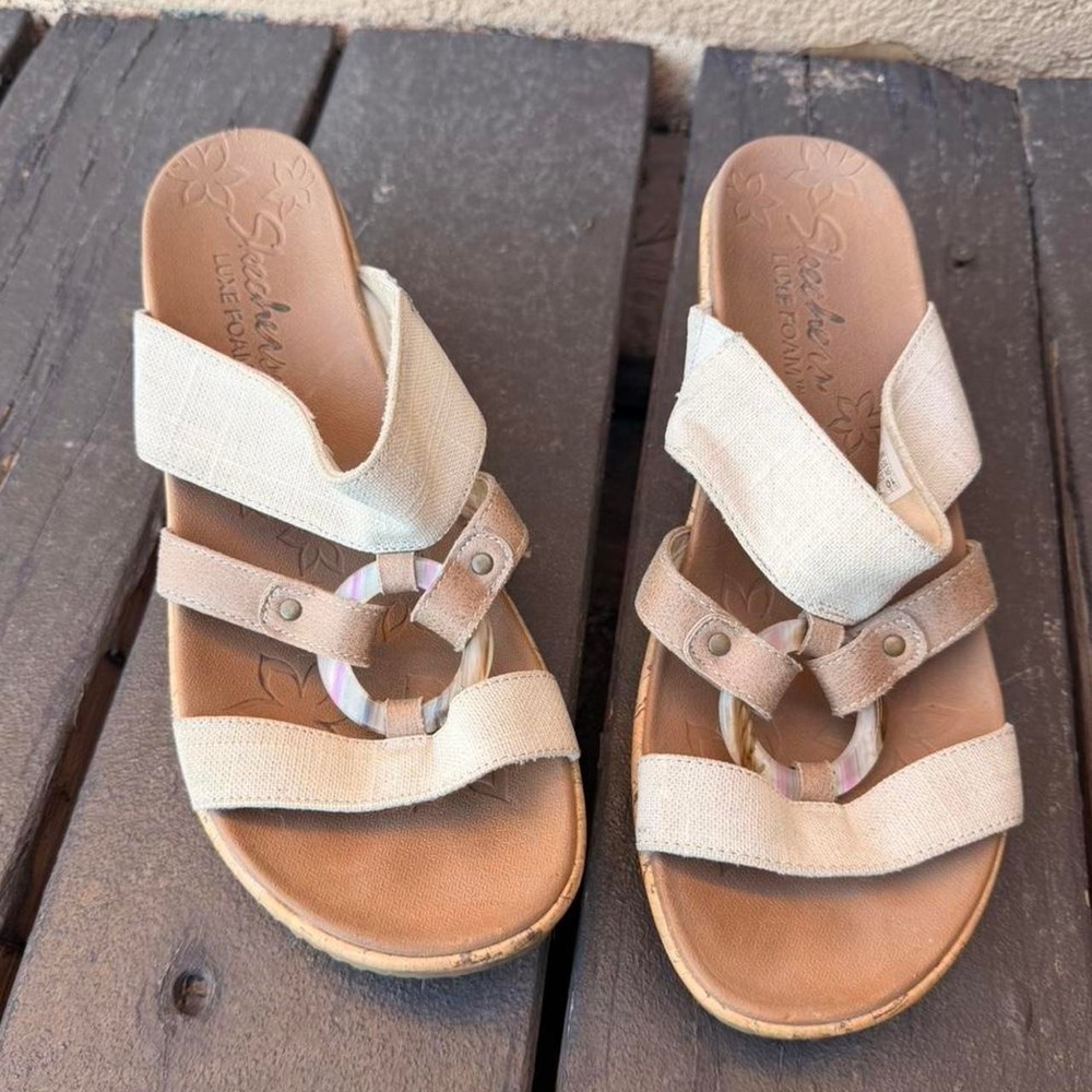Beige and tan wedge sandals with a boho vibe